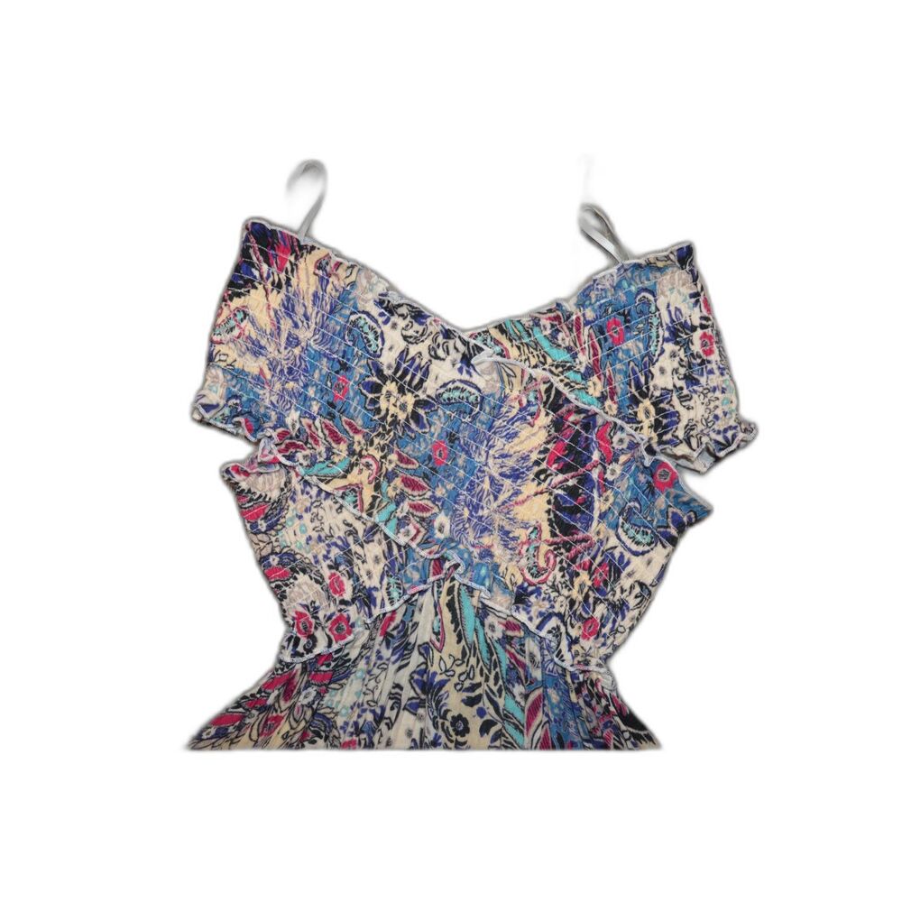 By Anthropologie Smocked Gauze Criss-Cross Dress Blue Motif Boho Medium - Picture 6 of 16